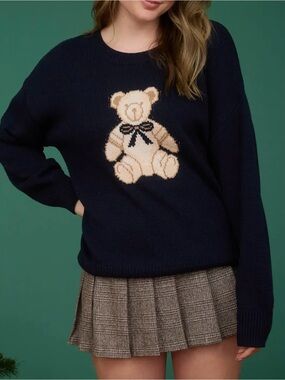 NWOT - Navy Knit Sweater with Cream Teddy Motif